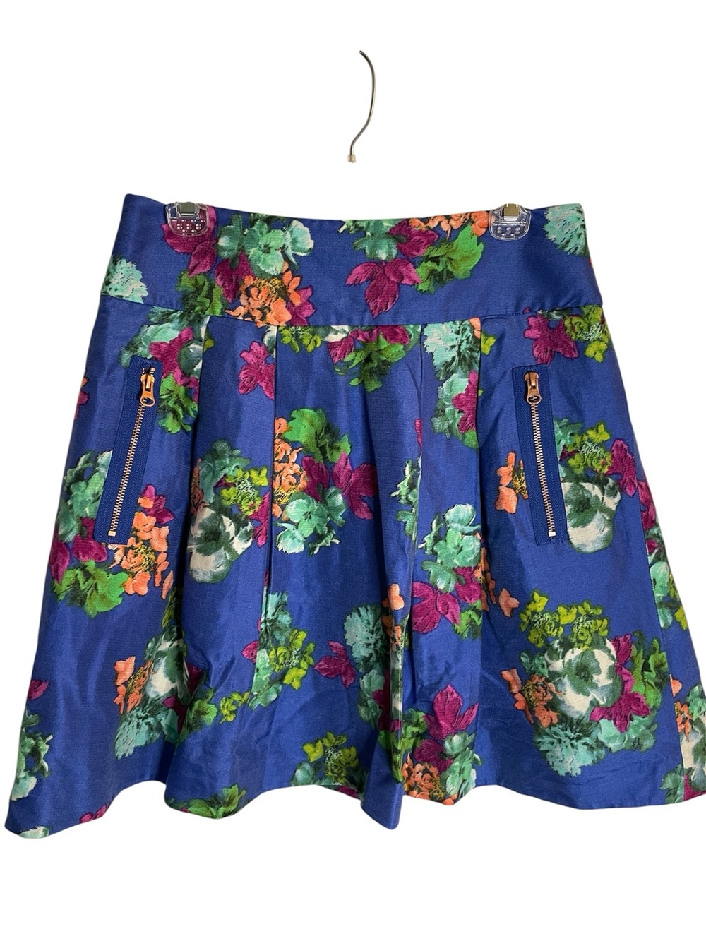 Maeve Floral A-Line Skirt in Royal Blue Size 10 Zippered Pockets silk blend